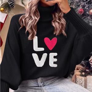 Valentine's Day Red High Neck Sweater Loose Pullover Knitted