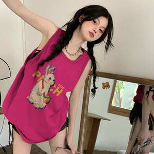 火龙果色坎肩无袖T恤女夏季新款韩版兔子字母背心多巴胺穿搭上衣