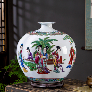 景德镇陶瓷花瓶手绘粉彩仕女图冬瓜瓶中式瓷瓶玄关装饰工艺品摆件