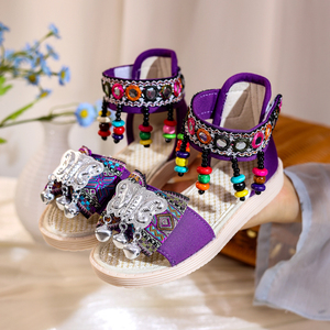 夏季中式民族风凉鞋女童紫色老北京布鞋儿童古风汉服鞋演出绣花鞋