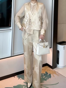 雅尼拉YDC2870新中式国风刺绣马甲衬衫假两件上衣长裤显瘦套装女