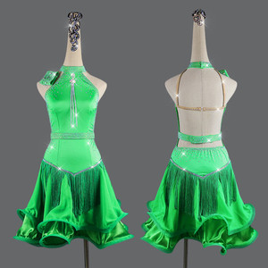 202新款拉丁舞蹈绿色成人少女儿童鱼骨裙摆表演服演出比赛连衣裙