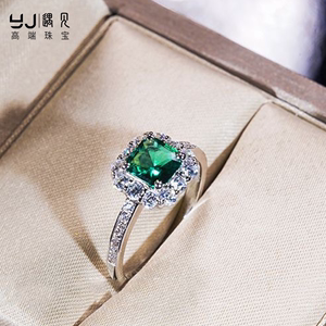 铂金祖母绿戒指1克拉莫桑钻石绿宝石钻戒女群镶彩钻方钻复古婚戒