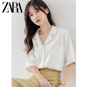 ZARA设计感小众白色短袖衬衫女夏2023新款小清新百搭雪纺V领上衣