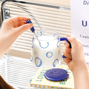 赫本风马克杯带盖勺耐热高硼硅玻璃杯子克莱因蓝咖啡杯波点水杯女