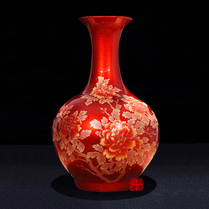 高档陶瓷花瓶景德镇红色牡丹中式客厅电视柜插花装饰品瓷瓶摆件