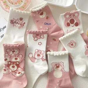 是谁的可爱草莓熊呢~粉色袜子女中筒ins潮百搭春夏韩国可爱小熊甜