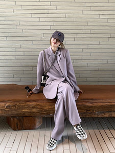 紫色西装外套女套装两件套2024春秋新品气质韩版廓形垫肩老爹西服