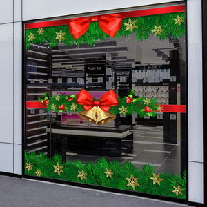 圣诞节腰线装饰松叶蝴蝶结玻璃大橱窗新年静电玻璃贴纸双面彩色
