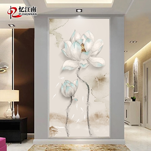 新中式现代简约轻奢客厅玄关瓷砖背景墙竖版欧式走廊过道壁画荷花
