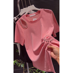 欧洲站ins重工镶钻粉色圆领短袖t恤女2024夏季镂空小心机套头上衣
