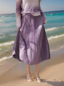 【难得的版型】三宅中长款松紧腰褶皱紫色半身裙女百搭高腰百褶裙