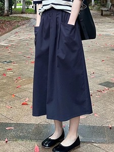 藏蓝色高级感挺括有型半身裙2024夏季松紧腰小众设计感a字伞裙女