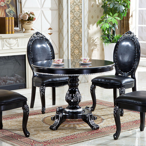 欧式圆餐桌椅组合实木雕花小户型圆桌新古典洽谈接待一桌四椅黑色