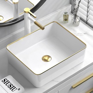 欧式金色轻奢陶瓷台上盆方形洗手盆卫生间洗脸盆家用面盆洗手水池