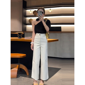 韩版白色牛仔阔腿裤女2024夏季新款时尚小个子高腰显瘦直筒九分裤