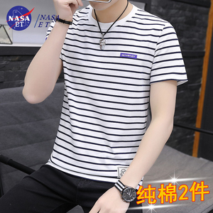 NASA2024夏季休闲男士短袖t恤圆领纯棉条纹修身体恤宽松潮流半袖