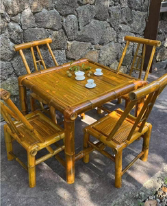 竹桌复古庭院组合老式竹桌子户外竹桌椅竹编方桌茶桌室外竹桌竹椅