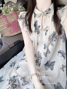 新中式国风蝴蝶小飞袖连衣裙女2024年夏季新款甜美雪纺裙子高级感