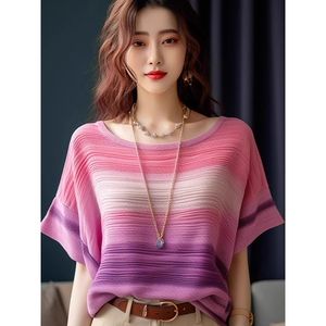 时尚圆领套头粉紫色条纹短袖夏季薄款休闲百搭上衣高级感减龄t恤