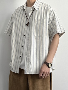 ONUN日系复古色织定制条纹短袖衬衫夏季宽松廓形百搭口袋半袖衬衣