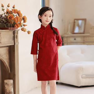 女童中袖旗袍春秋夏季复古中式红色短款蕾丝连衣裙儿童洋气演出服