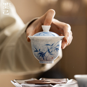 墨己清水蓝墨染青花手绘竹盖碗釉下彩功夫茶具茶杯陶瓷家用泡茶碗