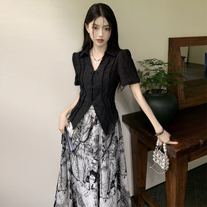 连衣裙女新中式国风半身裙黑色上衣2024年夏季新款女装禅意套装