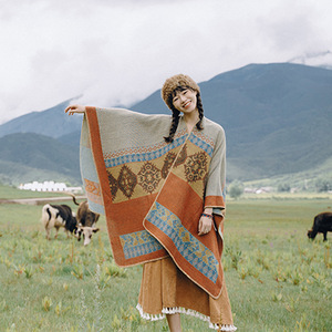 青海西藏茶卡盐湖旅游民族风超大披肩女夏天办公室空调房开叉披风