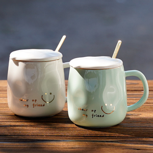 ins风不规则设计感马克杯创意办公室咖啡杯子带盖带勺子情侣水杯
