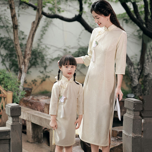 亲子装旗袍改良长袖母女装2023秋季女童唐装新款中国风儿童连衣裙
