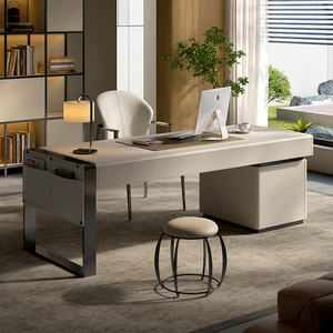 书房书桌意式极简卧室办公桌老板桌设计师款轻奢现代马鞍皮电脑桌