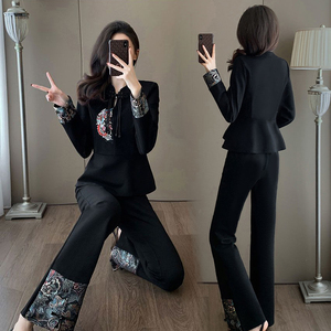 新中式轻熟国风时尚套装女2024春季小香风御姐阔腿裤黑色两件套装