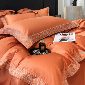 品牌全棉四件套纯棉200支长绒棉床单被罩橘色被套高级感床上用品4