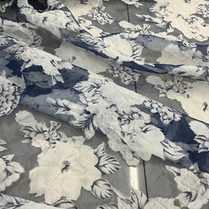 韩国进口欧根纱面料柔美蓝色透明底白色茶花剪花提花化纤服装布料