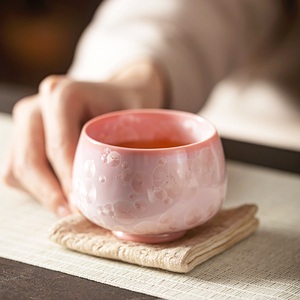 日式茶盏窑变结晶釉茶杯樱花粉主人杯个人单杯品茗杯陶瓷茶具家用