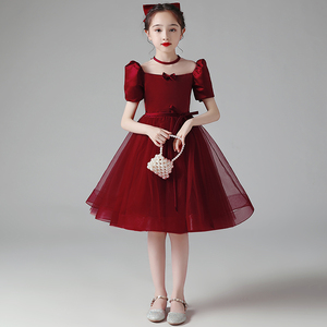 儿童礼服公主裙女童小主持人礼服合唱表演服装高端红色演出服秋冬