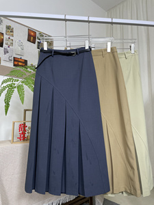 三色圆弧型设计百褶西装半身裙 带腰带2870