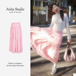 Anita粉色格纹蓬蓬长裙 宽松显瘦设计感格子撞色中长款高腰半身裙