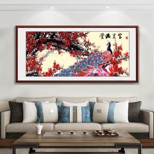 新中式装饰画沙发背景墙画花开富贵牡丹图孔雀画横版卧室床头挂画