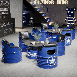 奶茶店桌椅组合咖啡厅酒吧网红潮品店休闲工业风创意油桶卡座沙发