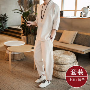 中国风亚麻套装男士夏季新款复古风道袍青年古装禅服中式唐装汉服