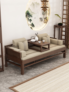 新中式罗汉床老榆木茶桌椅客厅小户型实木简约储物沙发两用推拉床