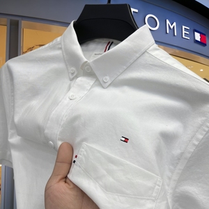 正品美国汤米希凯利男士短袖衬衫纯棉100%纯色休闲中青年夏装衬衣