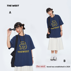 Thewest国潮B字图案印花纯棉短袖2024新款夏季美式重磅圆领上衣女