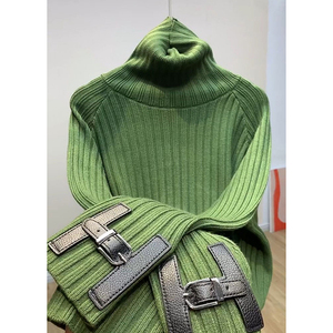 绿色高领毛衣女设计感小众纽扣中长款宽松网红慵懒高级感上衣2022