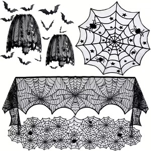 万圣节装饰桌布桌旗灯罩壁炉巾门帘窗帘黑色蜘蛛网蝙蝠蕾丝餐桌垫