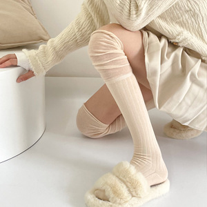 韩系竖纹拼接堆堆袜纯色简约过膝丝袜女春秋款长高筒棉袜显瘦ins