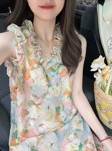 法式浪漫油画花朵吊带连衣裙女夏季甜美风减龄氛围感宽松背心裙子