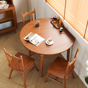 实木折叠餐桌法式复古可伸缩圆饭桌家用小户型正方形方圆两用餐桌